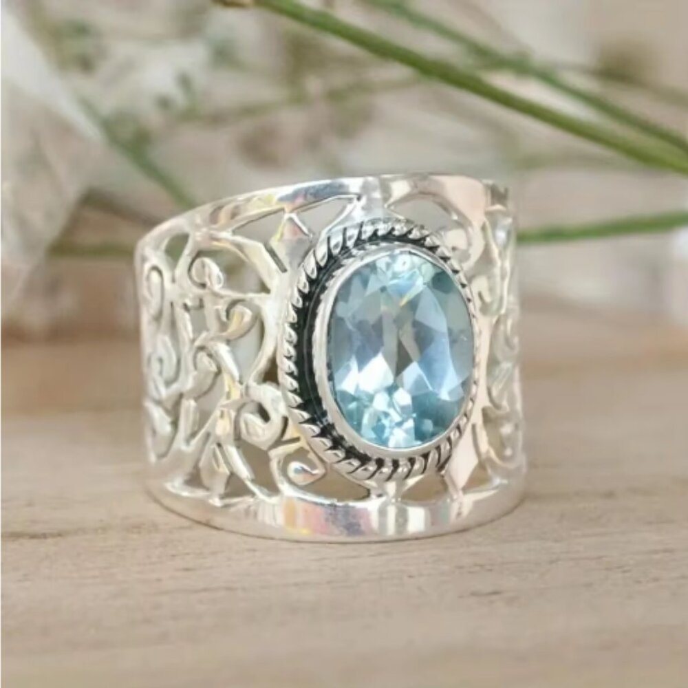 Silver Tone Wide Band Cutout Blue Stone Ring Statement Size 8